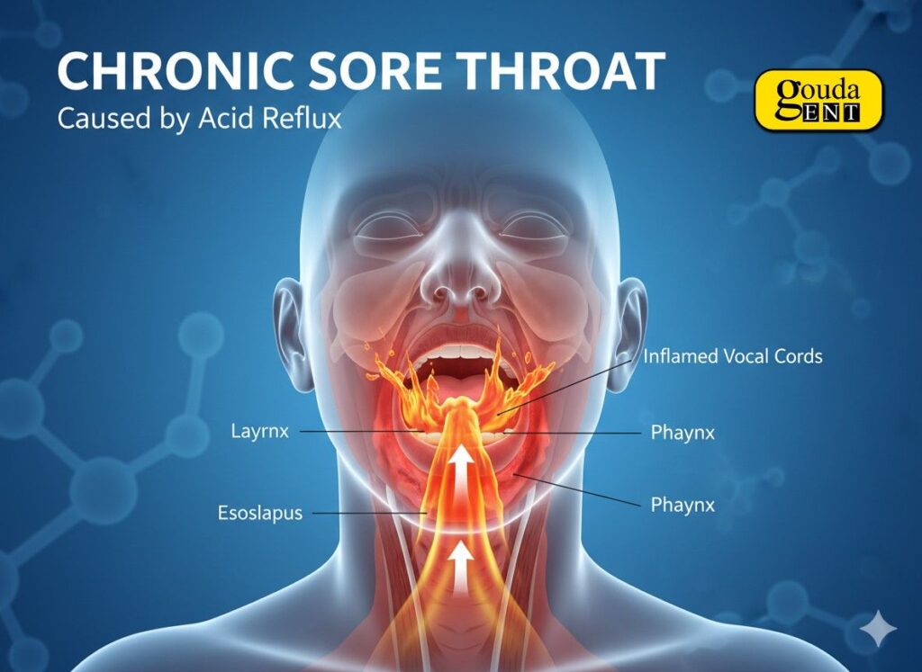 Infographic showing how Sore Throat and Acid Reflux are connected. The image illustrates the effects of acid reflux causing chronic sore throat with inflammation in the vocal cords, pharynx, and larynx