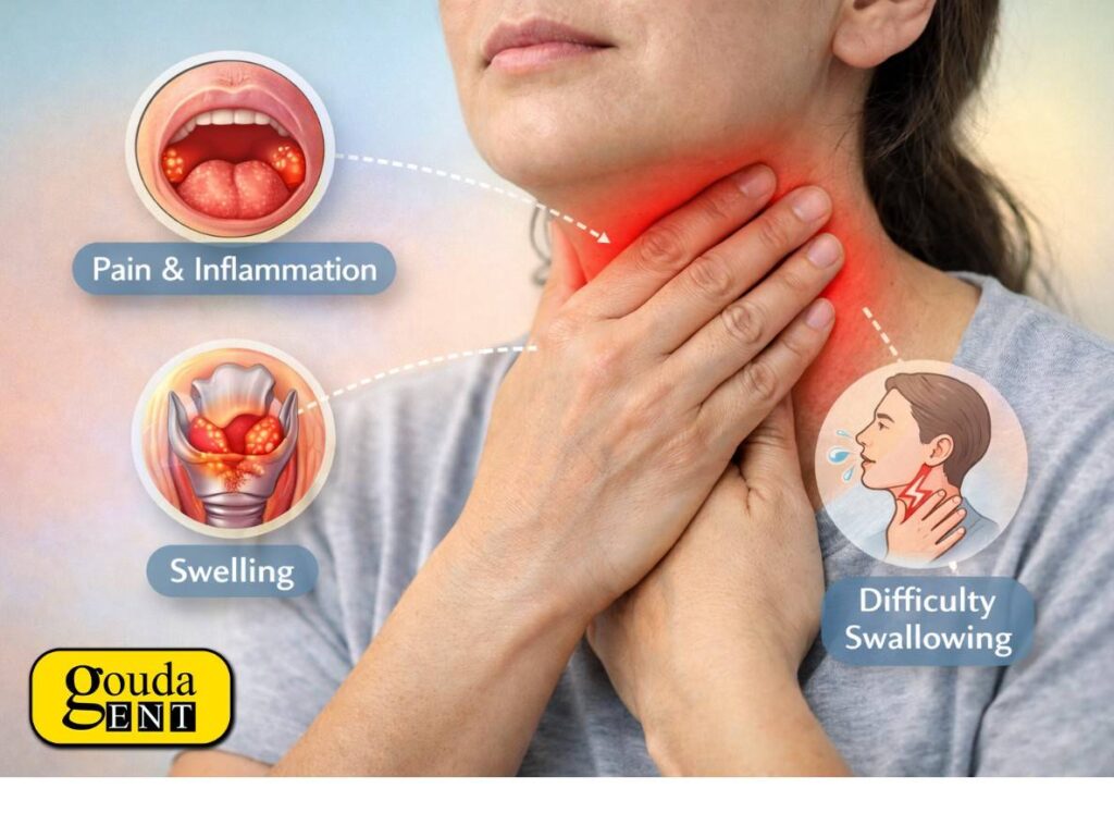 ENT awareness image depicting throat disorder with redness, swelling, and swallowing discomfort.
