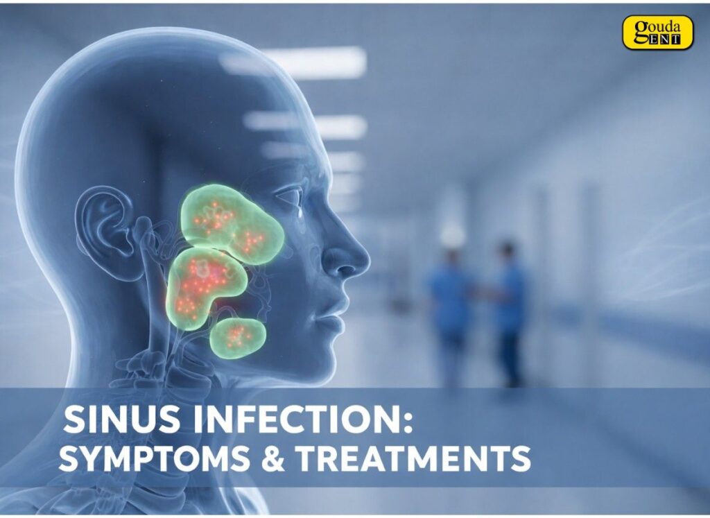 Sinus Infection Treatment overview showing inflamed sinus cavities with highlighted infection areas and ENT care guidance.