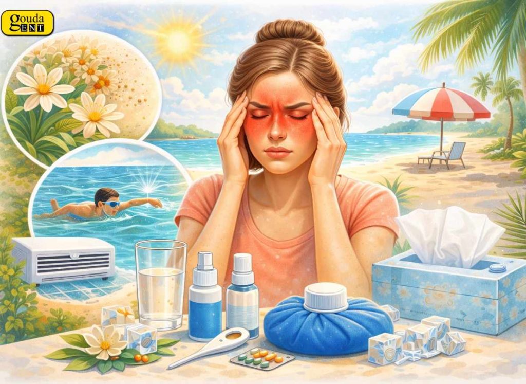 Sinus Headache in Summer: Causes and Treatment showing a woman with facial pain triggered by heat, allergies, and dehydration with home remedies.