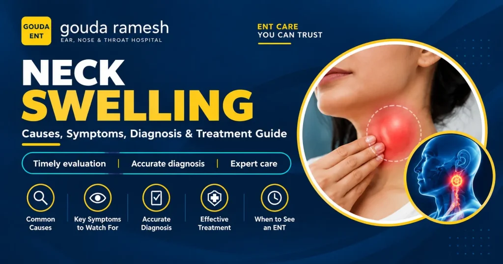 Neck swelling awareness graphic by Gouda Ramesh ENT Hospital explaining common causes, symptoms, diagnosis, treatment options, and when to consult an ENT specialist.