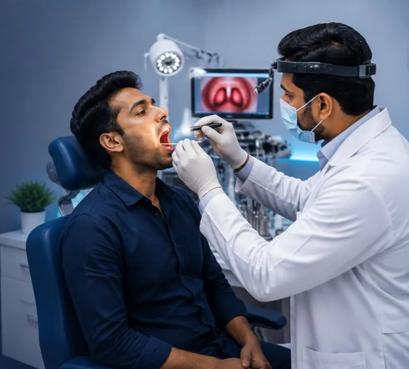 ENT specialist examining a patient's throat at Gouda ENT Hospital