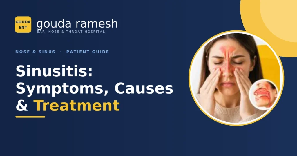 Sinusitis: symptoms, causes, treatment and when to see an ENT specialist — a woman holding her face with highlighted sinus pain and a nasal anatomy diagram, Gouda Ramesh ENT Hospital