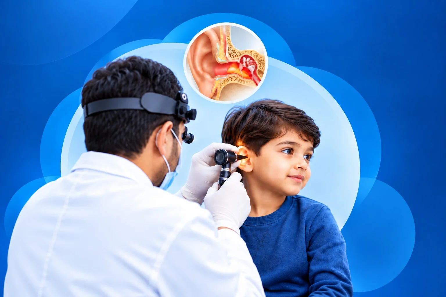 ENT specialist examining a child's ear with an otoscope, with an inset showing a middle ear infection